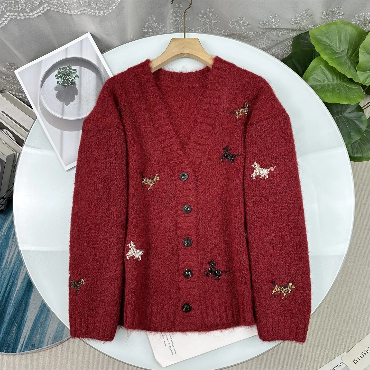 

New Year Atmosphere Zodiac Sweater! Knitted V-neck Open Cardigan Coat for Women Successful to the End Embroidery