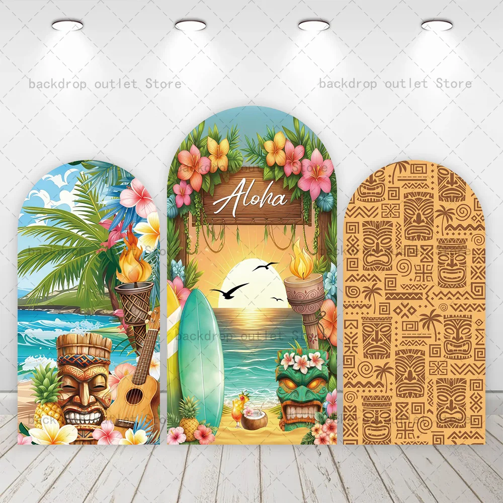 Mehofond - Fondo de Arco Tropical Hawaiano, Decoración con Flores, Música y Tiki, Aloha, para Fiestas de Cumpleaños Infantiles de Verano, Fondo para Fotos