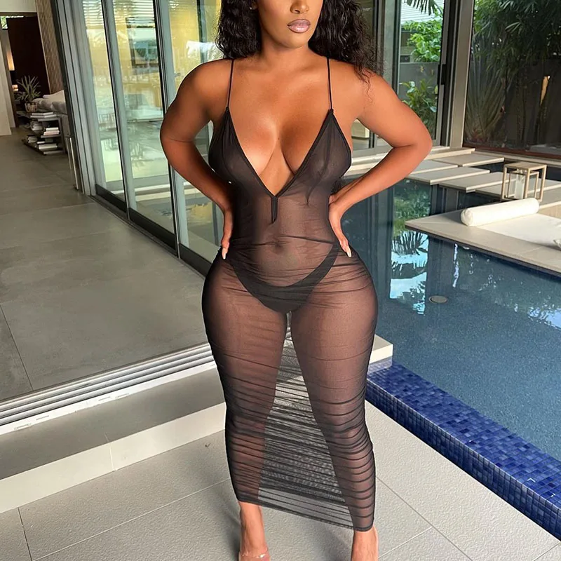 

Сексуальное летнее платье на бретельках с V-образным вырезом для женщин, пляжная одежда, Сетчатое прозрачное облегающее платье макси, наряды для отпуска, вечерние платья