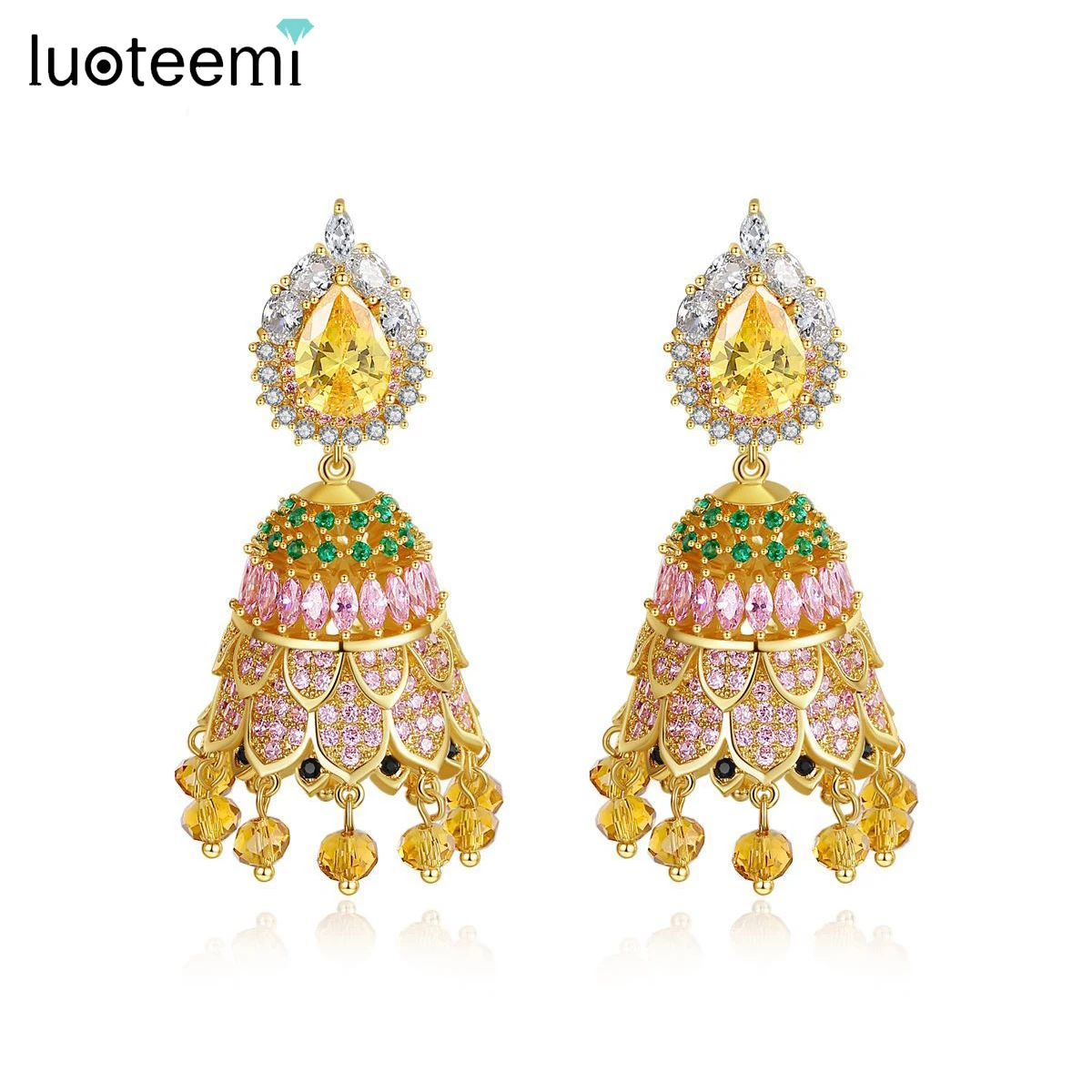 

LUOTEEMI Gold Color Indian Style Bell Shape Big Dangle Drop Earrings for Wome Wedding Party Colorful CZ Fashion Jewelry Brincos