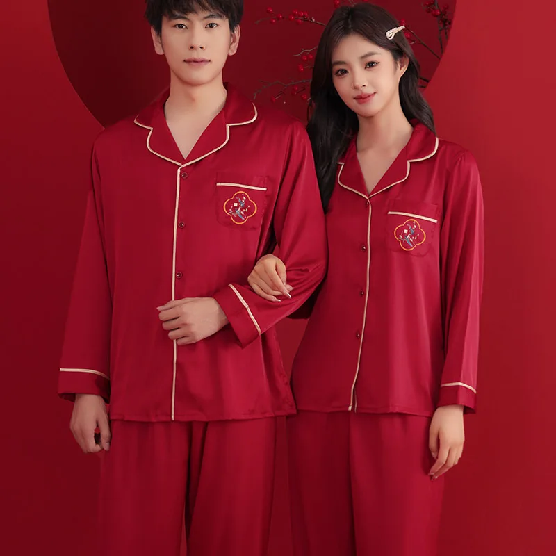 

Couple Pajamas Suit Summer Long Sleeve Shirt Pant Wedding Home Cloth Women Men Ice Silk Thin Satin Sleepwear Set