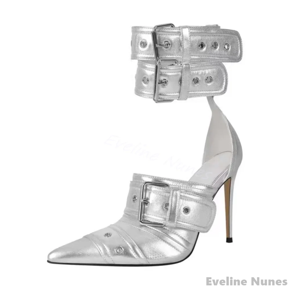 Sandalias vaqueras con hebilla de Metal para mujer, tacones de aguja de Metal con huecos puntiagudos, estilo Punk, informales, novedad de 2024