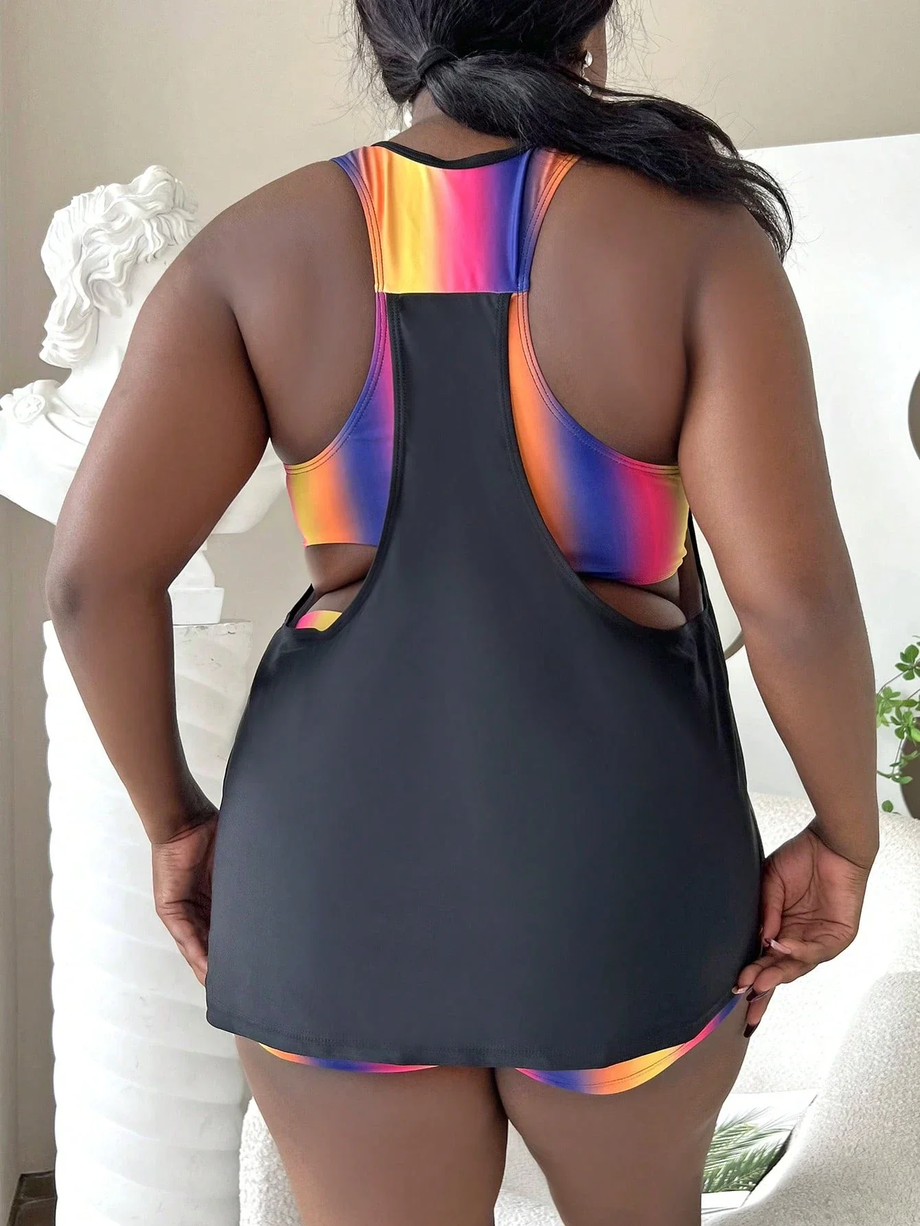 

Plus Size Rainbow Gradient Tankini Swimsuit With Cutout Back For Summer Beach