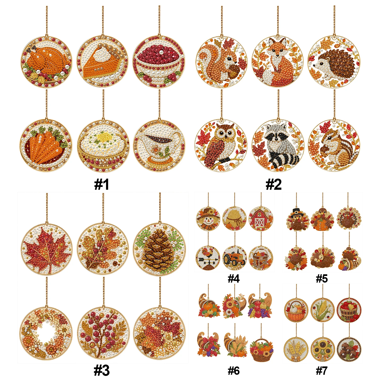 6pcs DIY Diamond Painting Ornaments Acrylic Hanging Pendants Full Drill Rhinestone Kit Thanksgiving Decoration Set