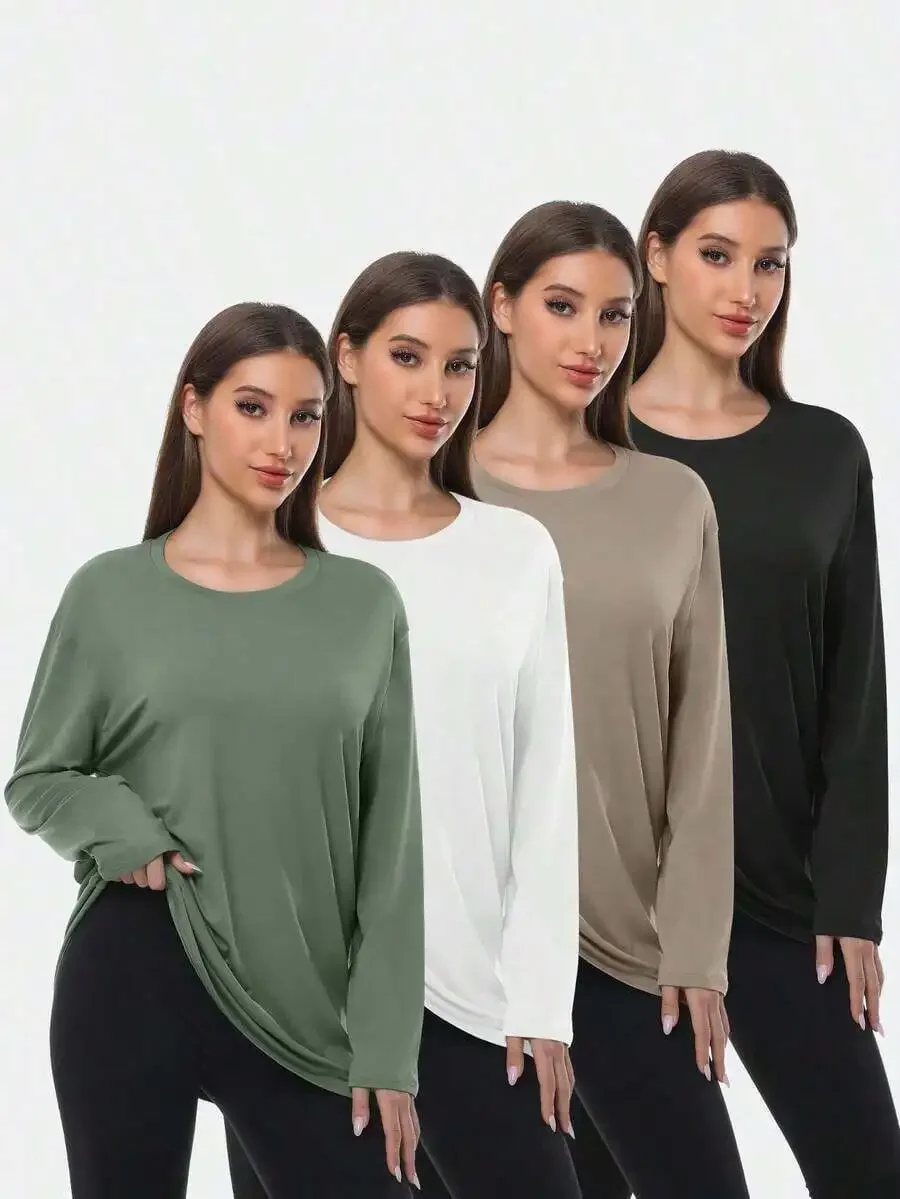 

4 Pack Oversized Long Sleeve Womens Sport Tops Soft Breathable Lightweight For Gym Running Daily Wear