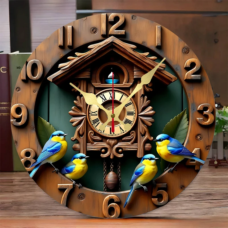 Clock And Bird's Nest Wooden Round Silent Hanging Wall Clock,Suitable For Living Room,Office,Study Room,Bedroom, Home Decoration