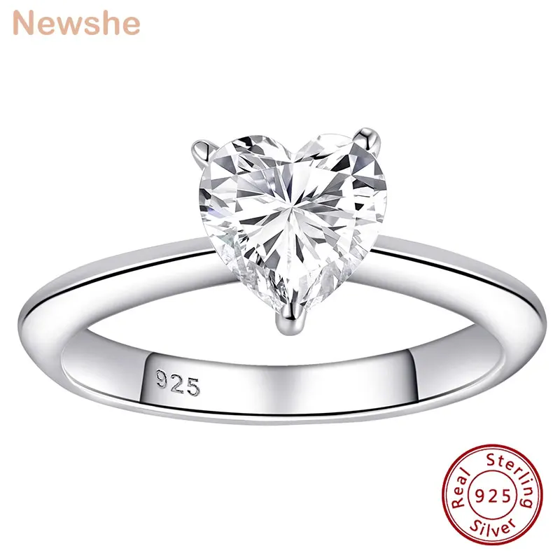 Newshe Solid 925 Sterling Silver Romantic Heart Shape AAAAA CZ Wedding Engagement Ring For Women Minimalist Jewelry BR1198