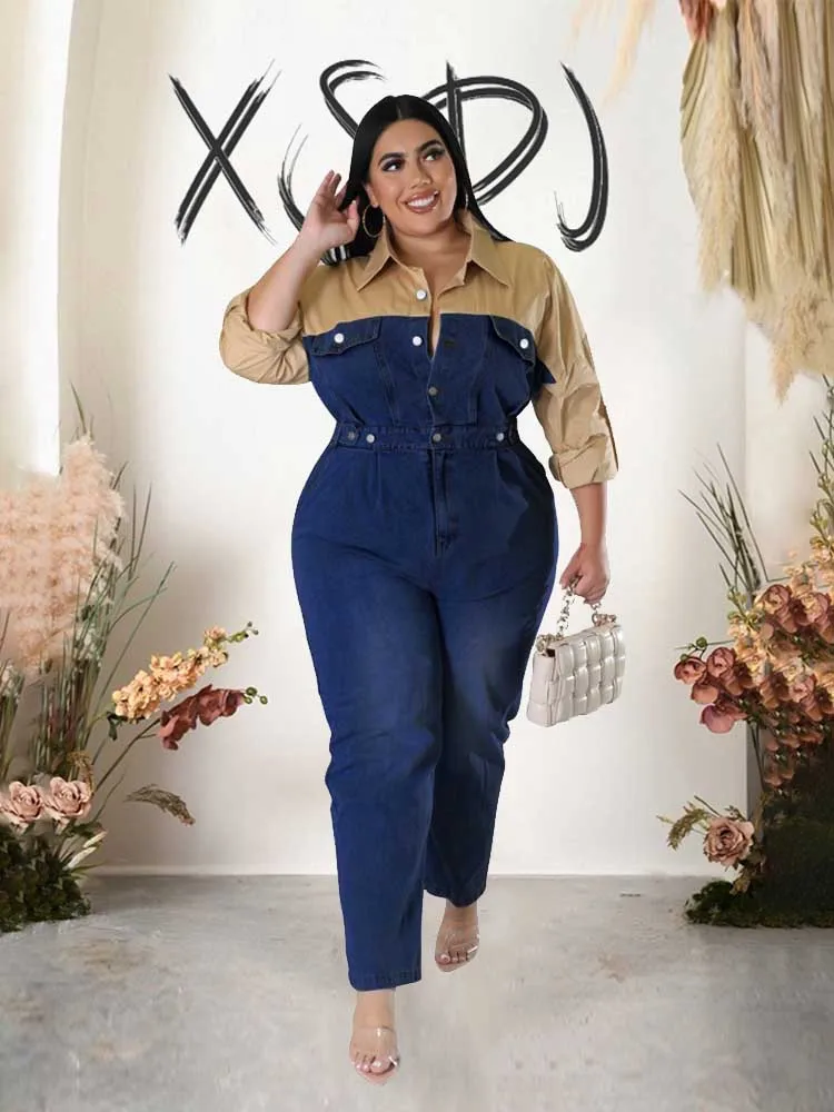 Winter Jeans Jumpsuit for Women Simple and Elegant Long Straight Jumpsuits Plus Size Clothing Female Denim Cotton Jumpsuit