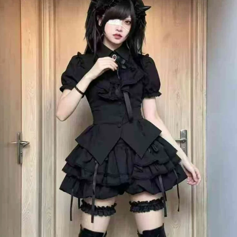 IMU Japanese Sweet Lolita Style Skirt Set Women Kawaii Lace Bow Puff Short Sleeves Shirt Ruffle Mini Skirts Subculture Gothic Ou