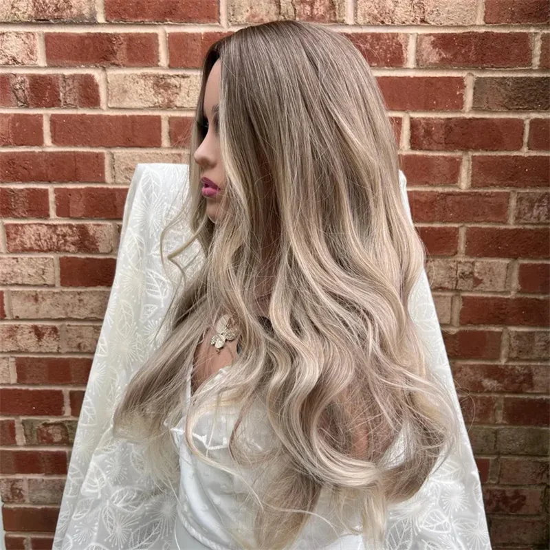 Perruque Synthétique Blonde Ombré à sulfRacines Foncées, Aspect Naturel, Degré de Chaleur, à la Mode, Cosplay, Ondulée, pour Femme