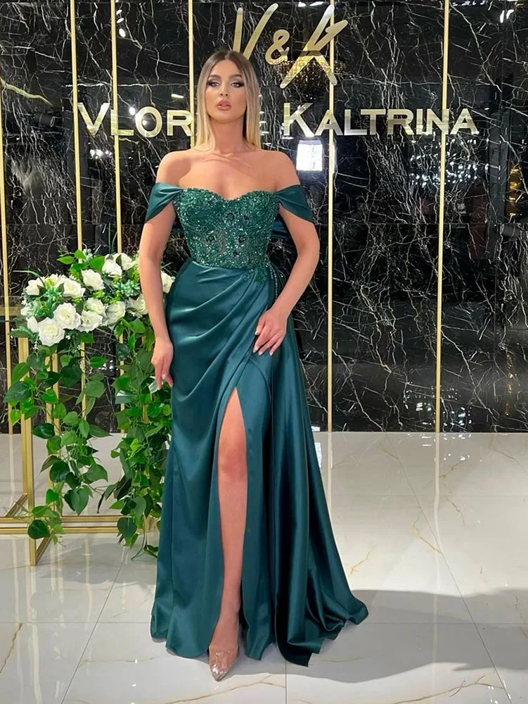 

Modern High Side Split Satin Mermaid Prom Dresses 2023 Beading Crystal Sequined Off the Shoulder Dubai Formal Evening Gowns