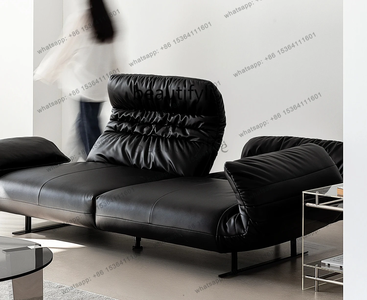 Black leather Bauhaus style can be bent three-person straight folding ear multi-function sofa bed