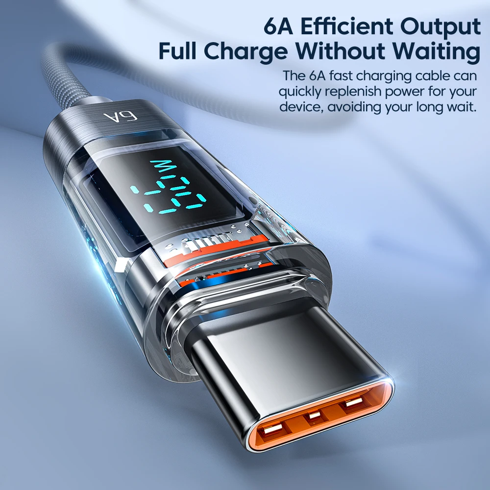 Toocki 6A USB To Type C Cable PD 66W Transparent Digital Display Fast Charging For Huawei Mate50 Samsung Xiaomi USB C Data Cord