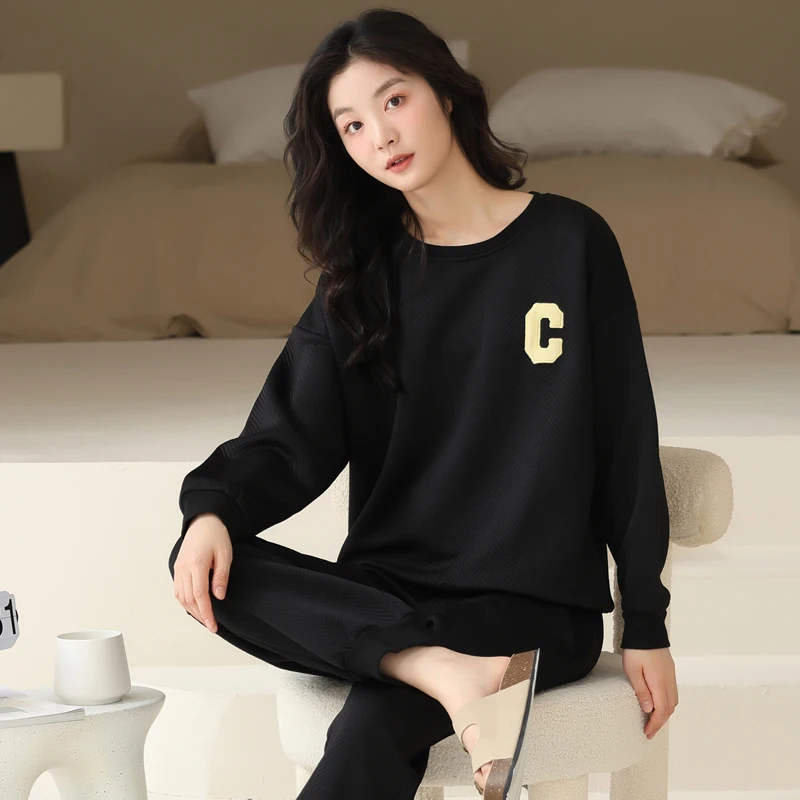 M-XXL Loose autumn and winter three-layer thin cotton pajamas black sports homewear simple and fashionable Pyjamas Female