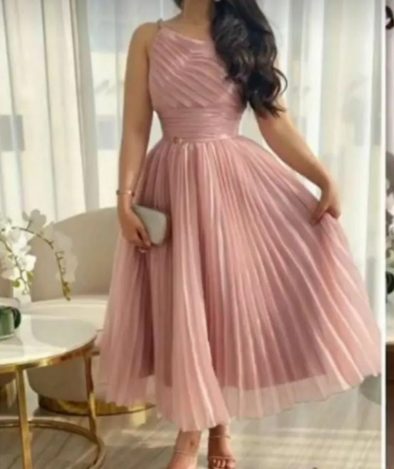 

Short Pink Chiffon Muslim Prom Dress A-Line Pleated One Shoulder Tea Length Evening Party Gowns Vestidos Festa Robe De Soiree