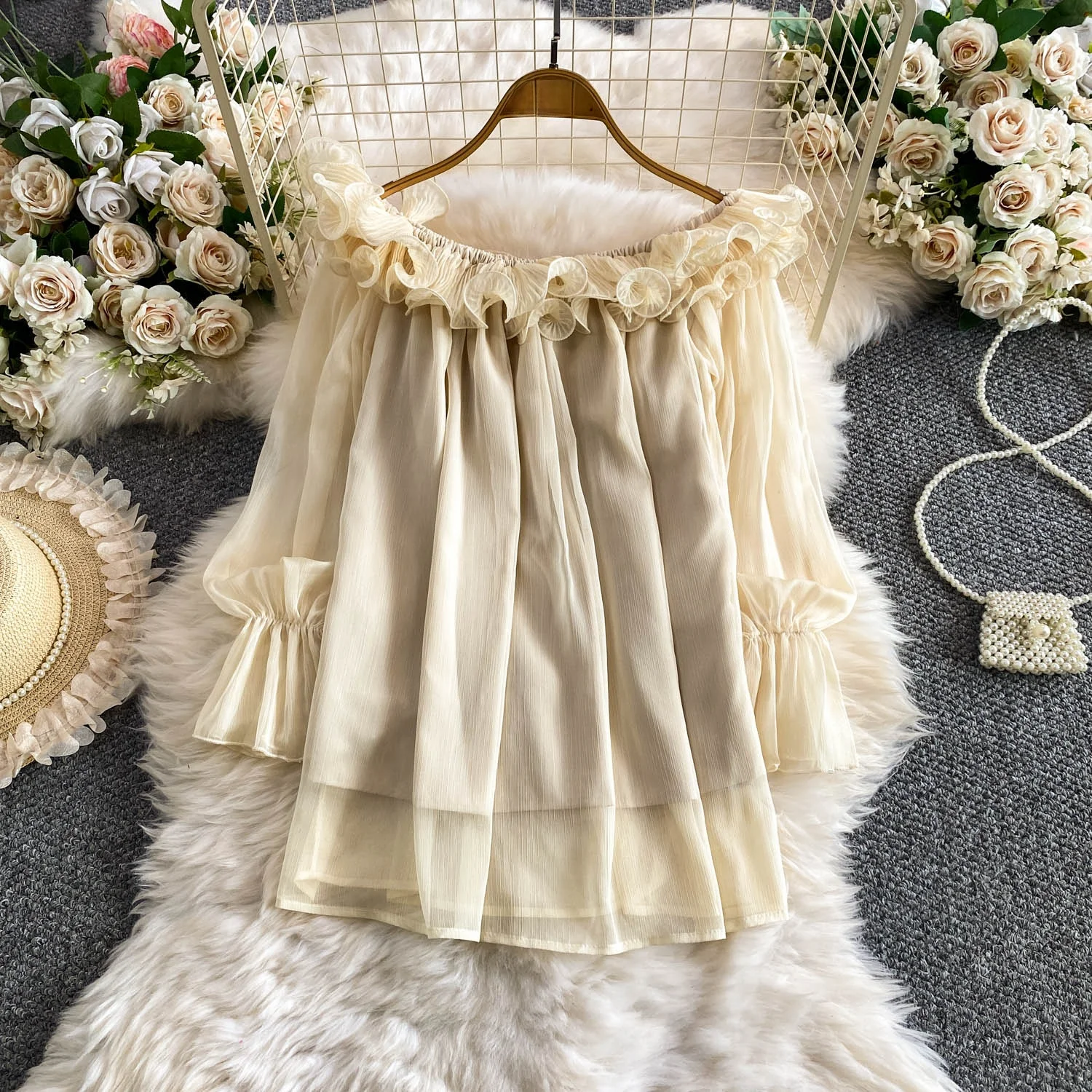 Elegant Sweet Fairy Style Long Sleeve Chiffon Shirt Women's Breathable Fashion Summer Outfit Slimming One-Shoulder Hemline De...