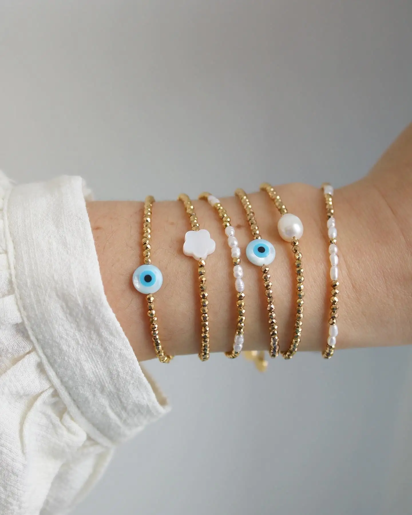 CCGOOD Evil Eye Bracelet Pyrite & Freshwater Pearl Beads Boho Spiritual Grounding Jewelry Women Gift Energy Chakra Balance