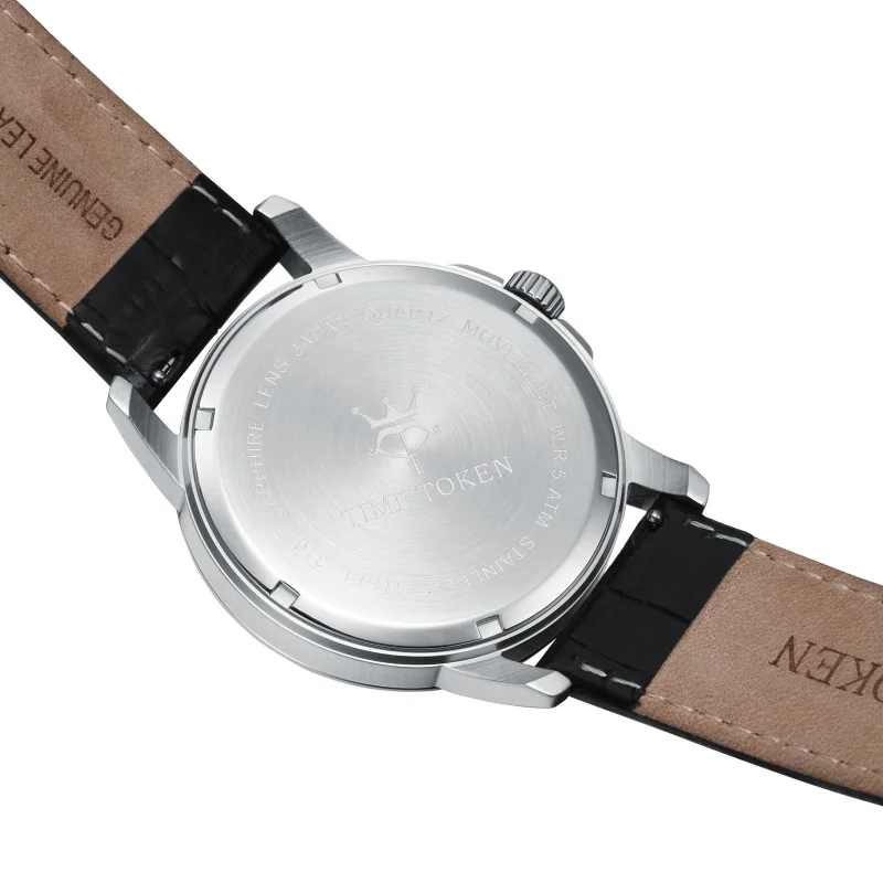 Time token relógio de luxo masculino clássico elegante movimento quartzo vidro safira caixa aço inoxidável elegância couro stra