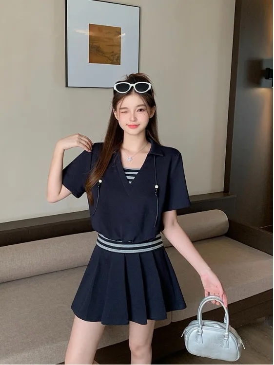

plus Size Casual Sporty Style Short Sleeve T-Shirt Women's Summer New High Waist Pleated Skirt Two-Piece Set Fashionable