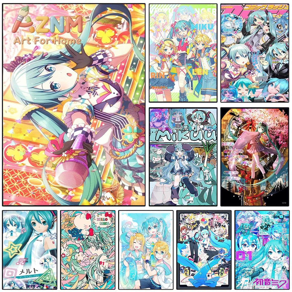 AZNM Hatsune Miku Sakura Style Canvas Painting, Frameless Canvas Wall Art, Virtual Singer Anime Wall Painting for Bedroom Livi