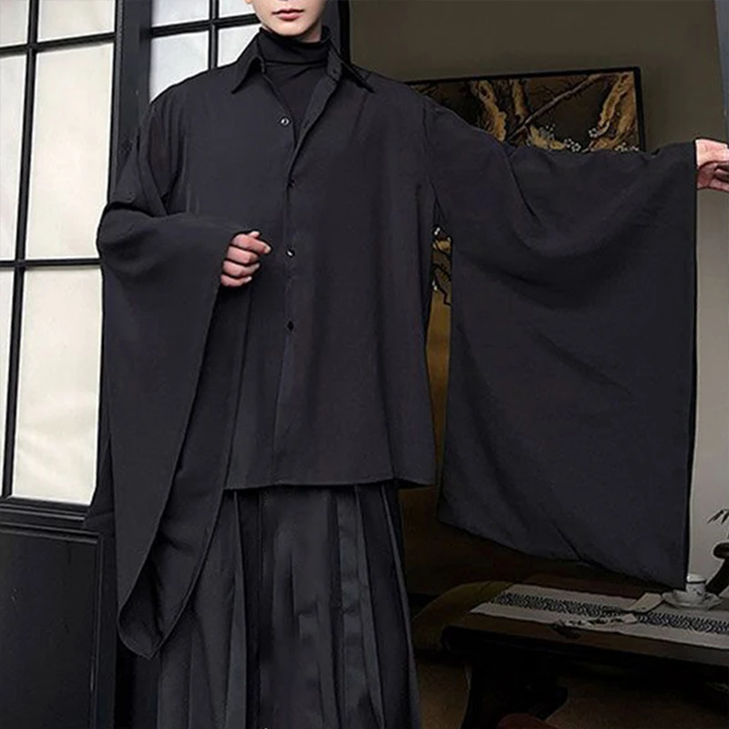 

New Japanese Retro Men Dark Style Irregular Casual Shirt Autumn Solid Color Loose Bat Sleeve Long Sleeve Shirts S-2XL