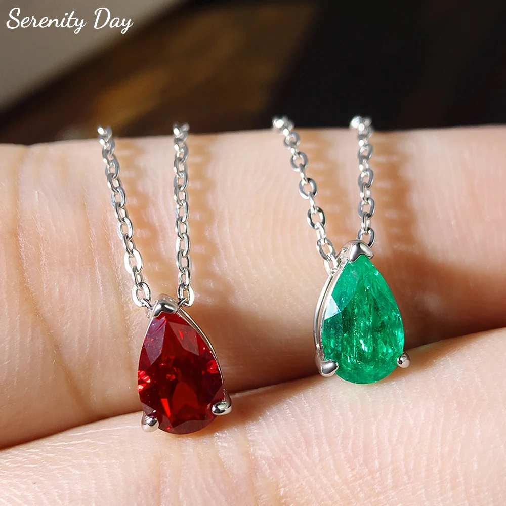 

Serenity 1ct Pear Cut Natural Colombian Emeralds/Ruby Pendant Necklace for Women Gift S925 Sterling Silver Moissanite Necklace
