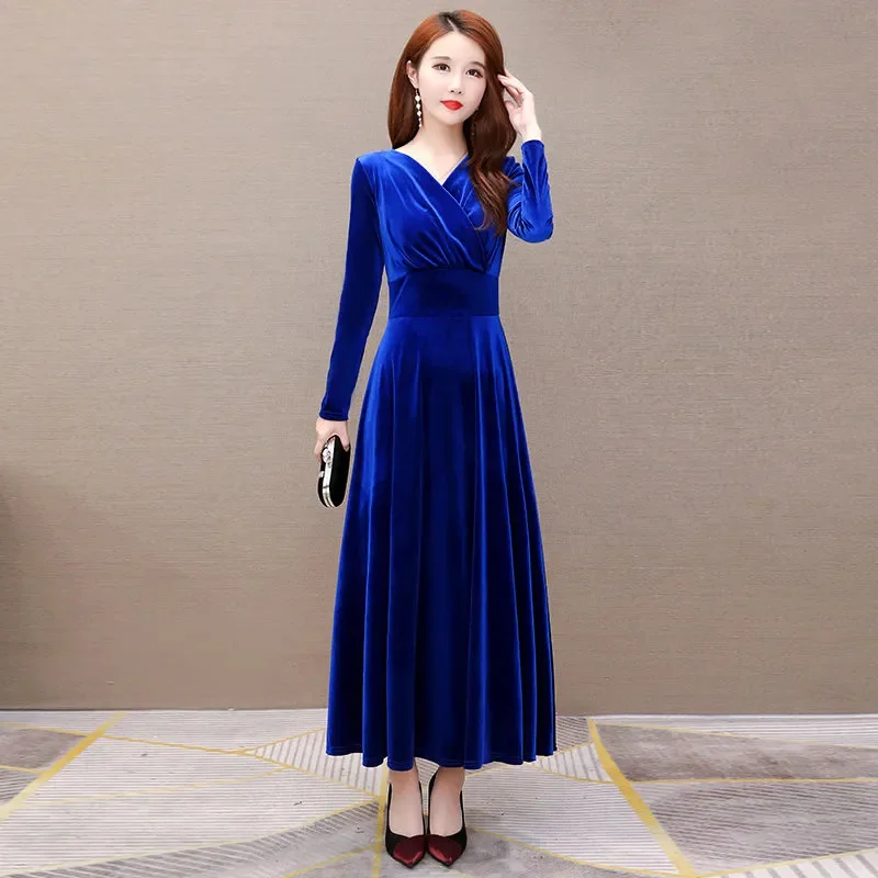 Golden Velvet Dress Women Spring Autumn Long Sleeved Improved Waist-cinching Dress Temperament High-end Winter Long Vestidos