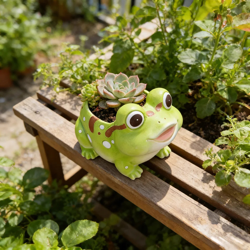 Pote suculento em forma de sapo fofo, plantador de animais de resina, mini vaso de flores para decoração de casa e jardim