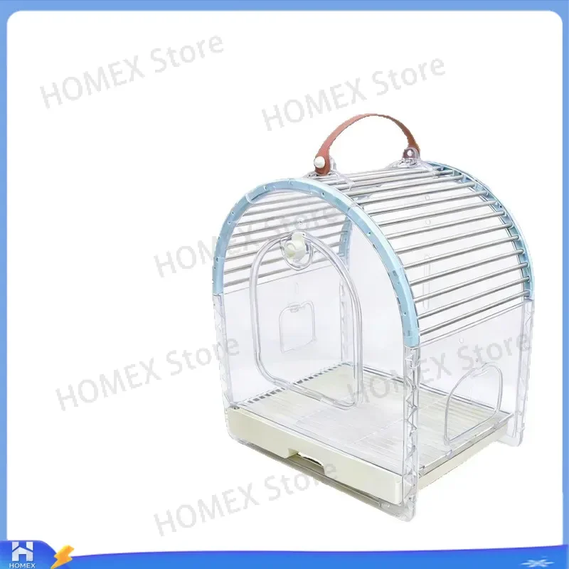 Portable Stainless Steel Bird Cage High Transparency Panoramic View Travel Carrier with Outer Belt Ornamental Pet House for