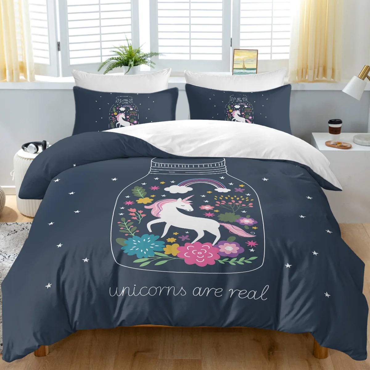 3pc Cartoon Unicorn and Rainbow in Bottle Printed Bedding Set Quilt Cover with Zipper Closure 1 Duvet Cover and 2 Pillow Cases