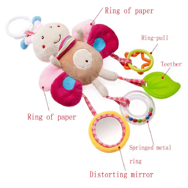 Jouet suspendu au lit de lapin de dessin animé de pâques mignon avec anneau de dentition, sonnerie et poupée miroir amusante – Parfait pour les enfants de 0 à 3 ans!