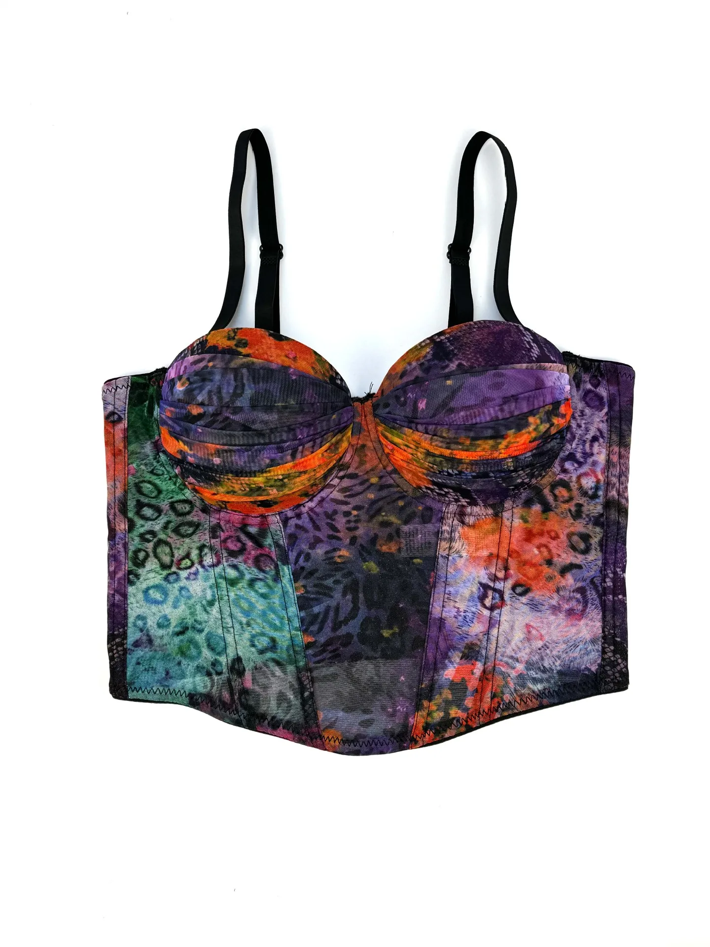 customized women's adult printed suspender with high-end feel wearing strapless sexy fishbone bra sexy lingerie fishnet bodysuit