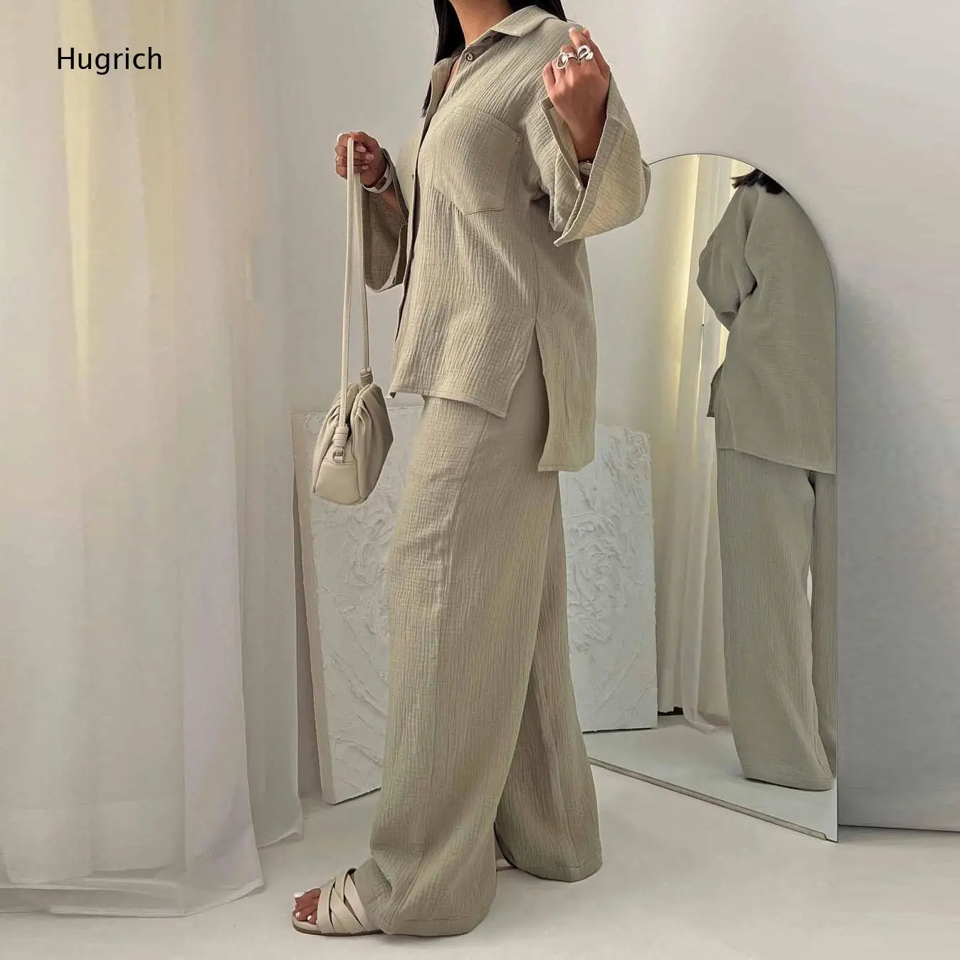 urn Down Collar Button Front Flare Sleeve Shirt Matching Loose Wide Leg Trousers Crinkle Texture Two Piece Women Set