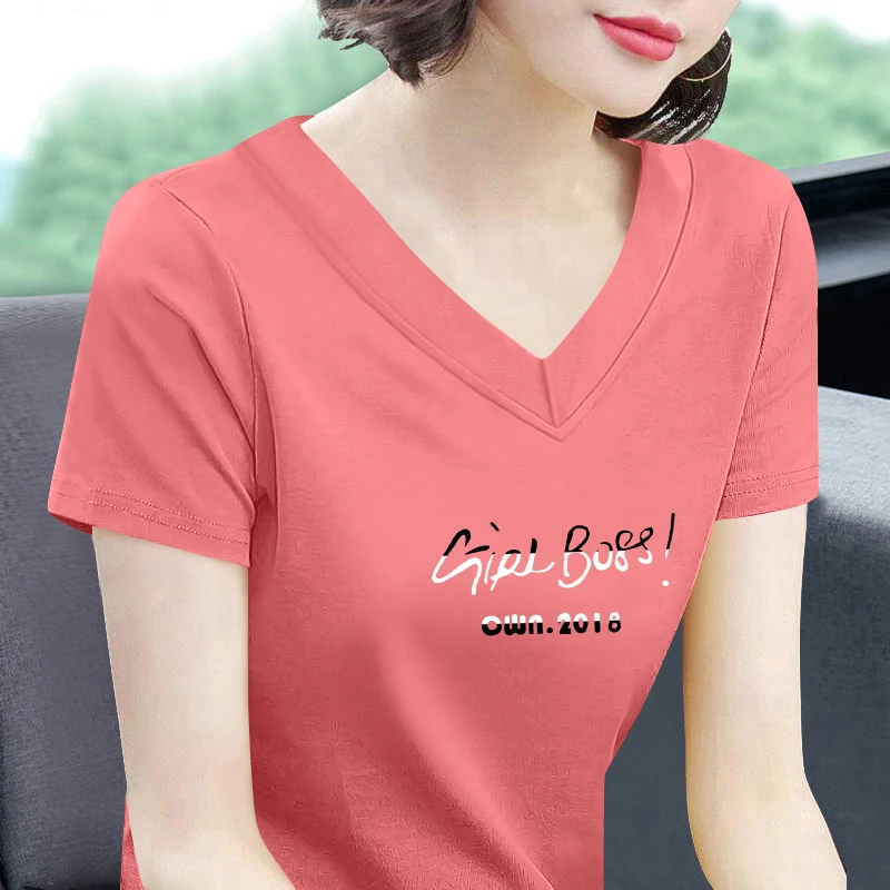 순면 또는 면 혼방 티셔츠 여성용 루즈핏 브이넥 슬림핏 패셔너블 탑 여름 신상 엄마 의류 여성 상의