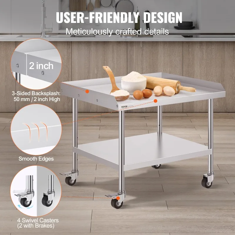 

【Premium】 Stainless Steel Work Table Commercial Food Prep Worktable with 4 Wheels Heavy Prep Worktable for Restaurant Home