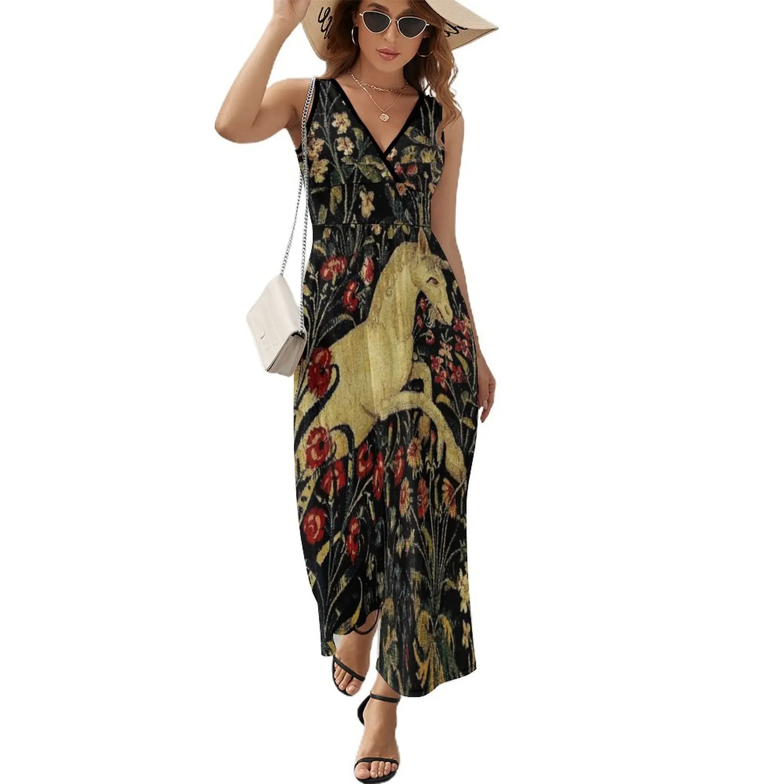 

Medieval Unicorn Midnight Floral Tapestry Sleeveless Dress festival outfit women luxury dress