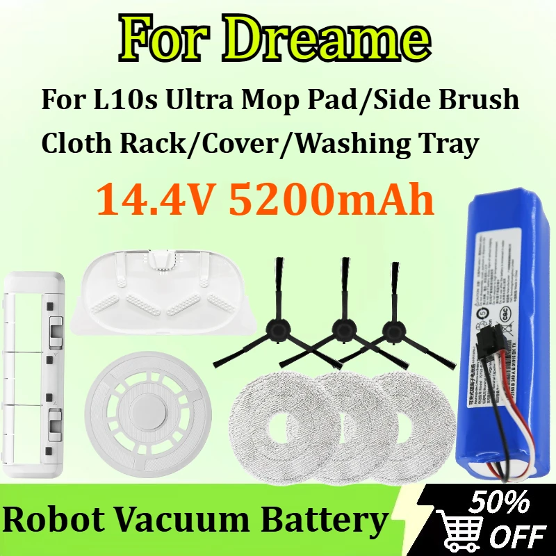 

5200mAh Robot Vacuum Battery for Dreame L10s Ultra Mop Pad/Side Brush/Cloth Rack/Cover/Washing Tray Accessories Replacement
