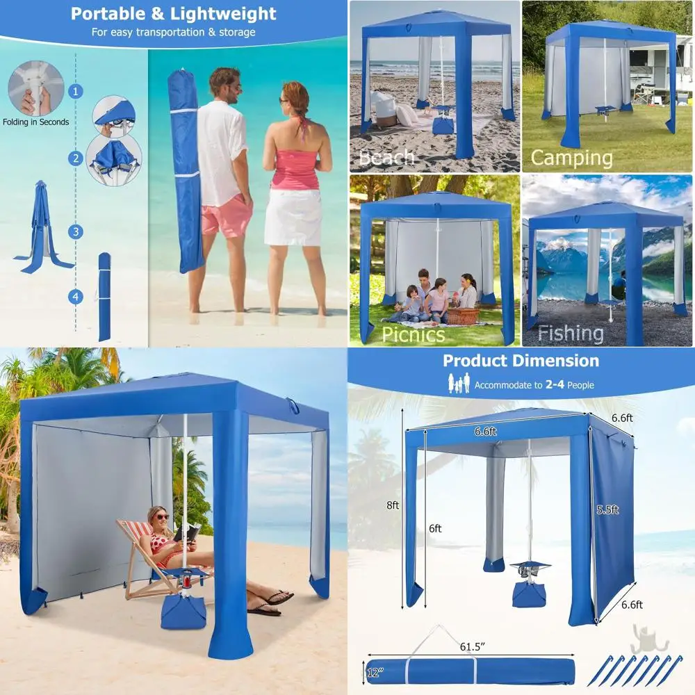 

Portable Beach Cabana with Detachable Sidewall, 5 Sandbags, 2 Cup Holders, Sand Anchor, UPF 50+ Sun Protection, Carrying Bag Inc