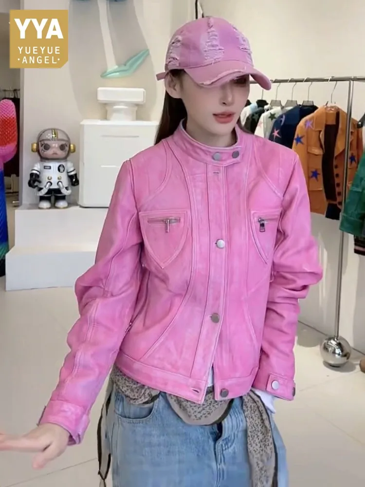 

Женская кожаная куртка с воротником-стойкой, ретро-стиль, розовая, из натуральной коровьей кожи, короткая, модная, однобортная верхняя одежда