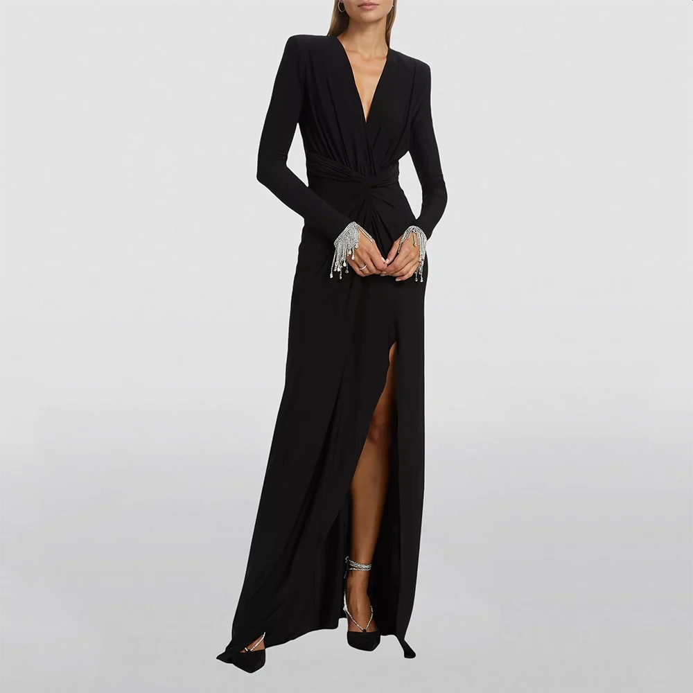 

Customized Black Long Evening Dresses Elegant Thigh Slit Formal Occasion Prom Gowns Long Sleeves Bead Crystal Prom Dresses
