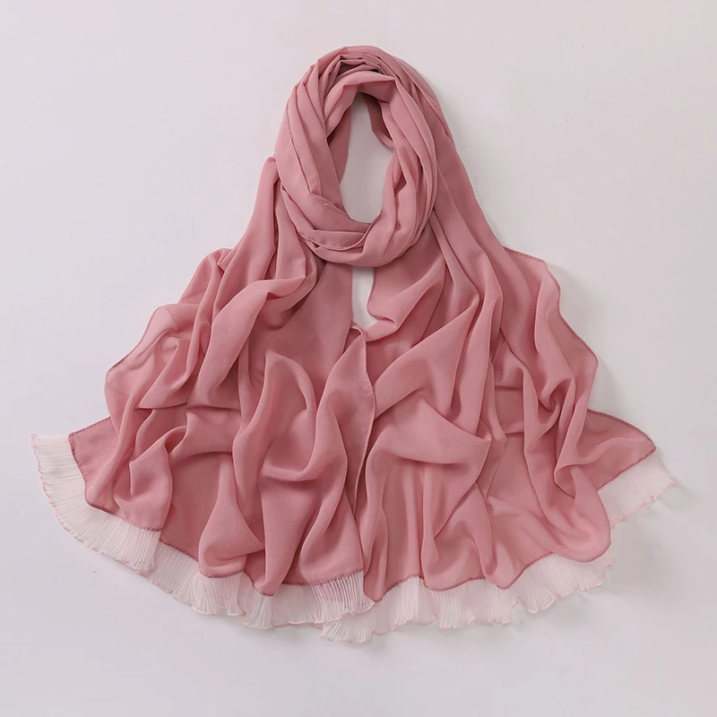 

Женский однотонный хлопковый шарф из искусственного шелка большого размера, женский шарф с оборками, шали, мусульманская повязка на голову в Рамадан, кружевная отделка, исламский тюрбан