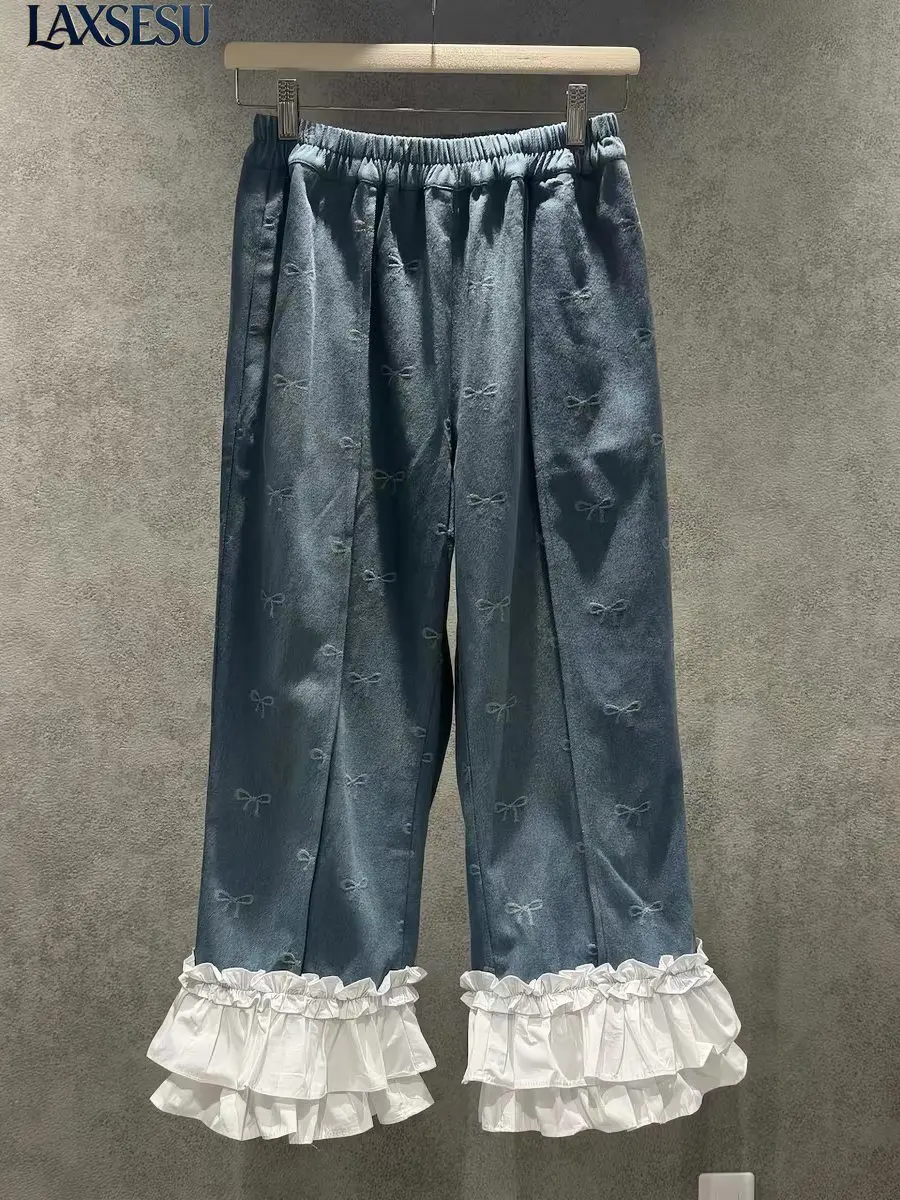 2026 New Niche Design Retro Lazy Style Butterfly Bow Japanese Ruffle Edge Casual Comfortable Denim Wide Leg Pants for Women
