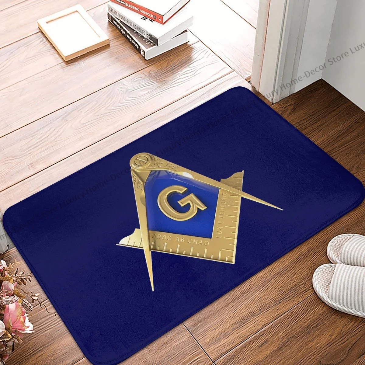 Non-slip Doormat Freemason Gold Square Compass Blue Background Masonic Bath Kitchen Mat Outdoor Carpet Indoor Modern Decor