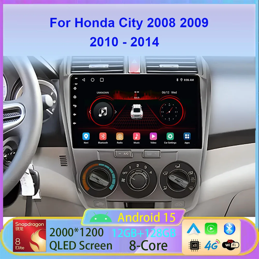 Автомобильный радиоприемник Carplay для Honda City 2008 2009 2010 2011 2012-2015 2016 Android 15 4G WiFi навигация GPS мультимедийный плеер стерео