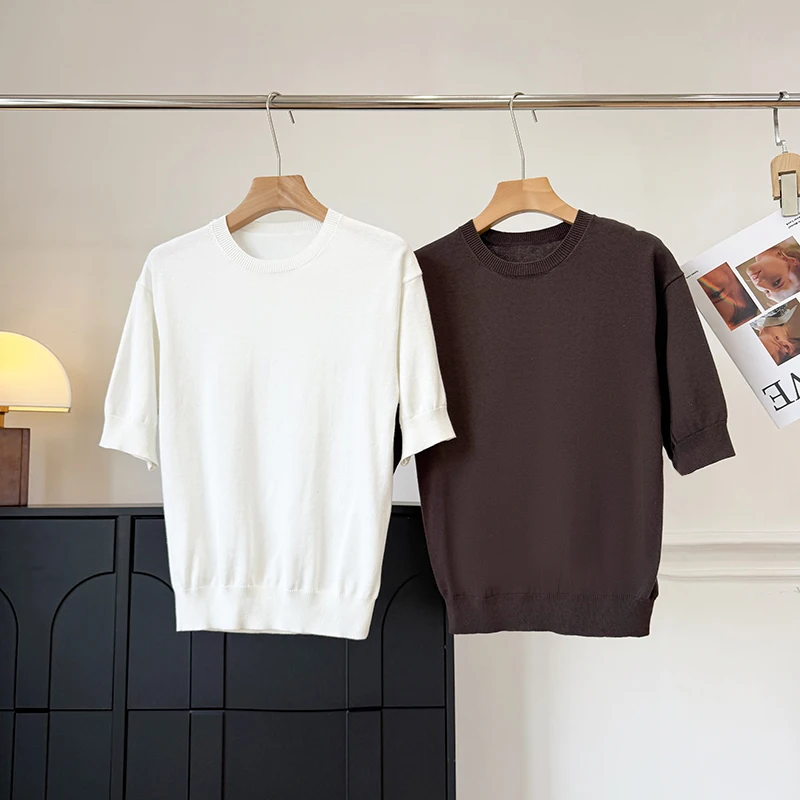 

Pure Cotton Knitted Short Sleeve round Neck T-Shirt Women's Casual Luxury Versatile Top Comfortable Breathable Summer Wear