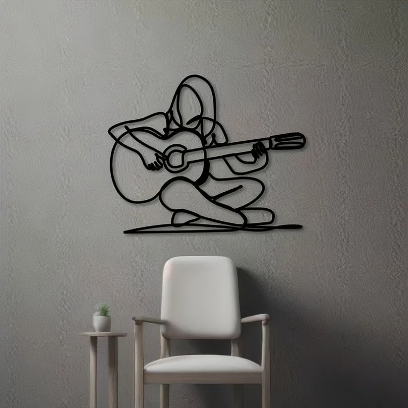 Minimalist Black Iron Guitarist Wall Art, Self-Adhesive Music Decor for Home Studio, Musician Gift