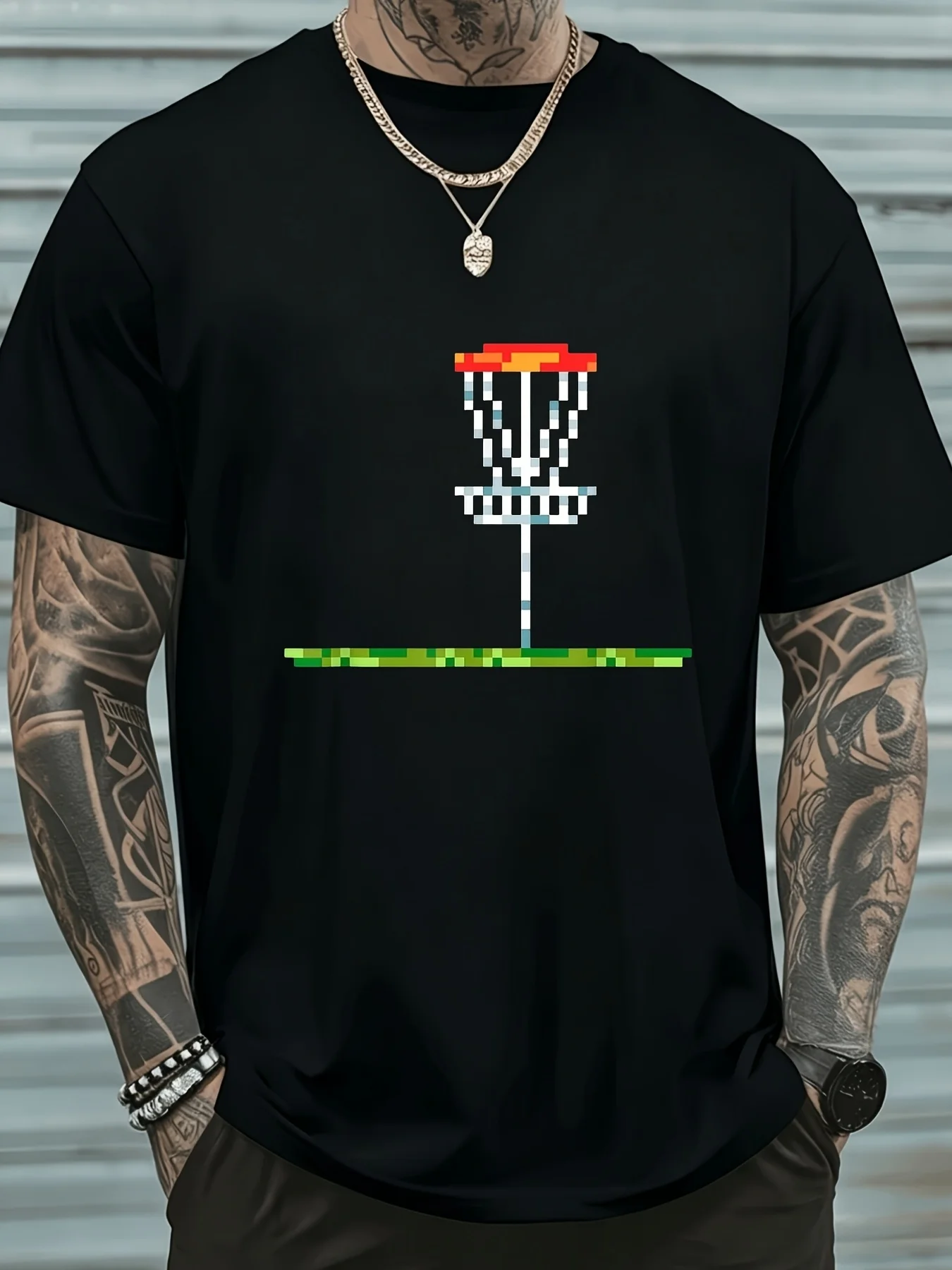 O5Y7U Plus Size Retro Casual Round Neck Printed T-Shirt, Bit Pattern, Frisbee Golf Style, Unisex