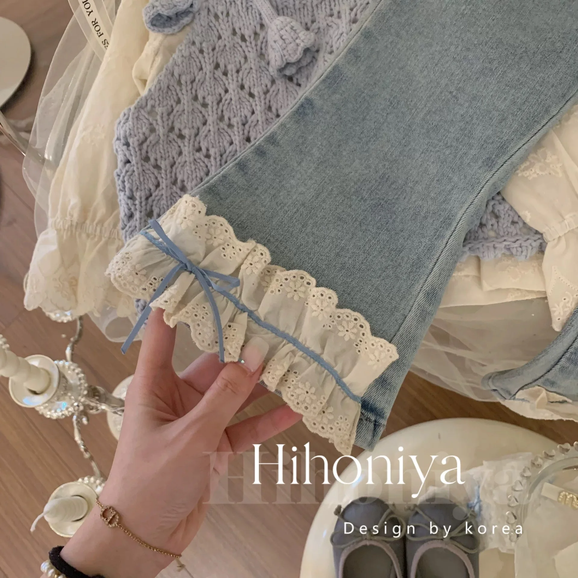 Girls Pants 2025 Spring and Autumn New Soft Jeans for Baby Girls Childrens Korean Lace Casual Pants