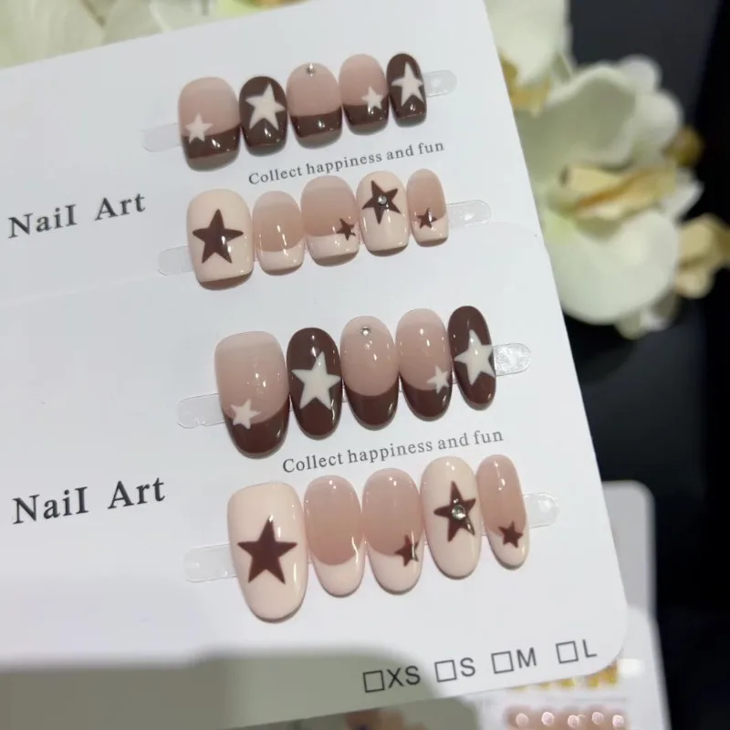 10pcs Handmade Nail Tips Star French Press on Nails with Sticky Tabs Autumn Fake Nails for Women Holiday Prosthetic Nail Set