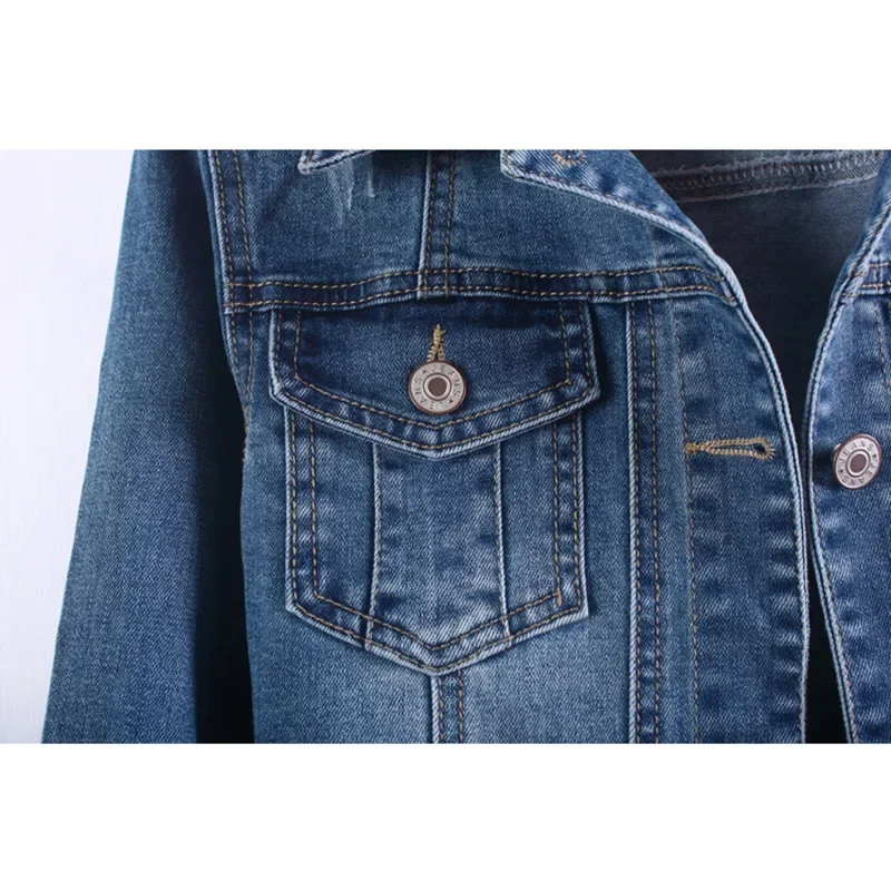 Giacca di jeans blu lavato vintage Harajuku Primavera Autunno Donna Capispalla corto da cowboy Cappotto da giacca di jeans sfilacciati a maniche lunghe con risvolto